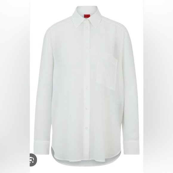 New! Hugo Boss Blouse in Soft Seersuccer with Point Collar, White, Size L/XL - Picture 8 of 9